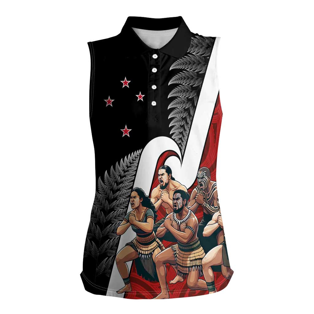 New Zealand Te Matatini Women Sleeveless Polo Shirt Kapa Haka and Silver Fern - Maori Art Pattern