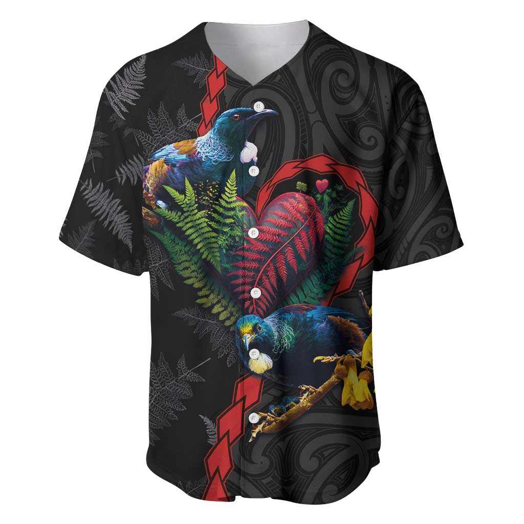 New Zealand Tui Birds Love Couple Baseball Jersey The Heart of Silver Fern Leaves and Maori Tattoo Pattern