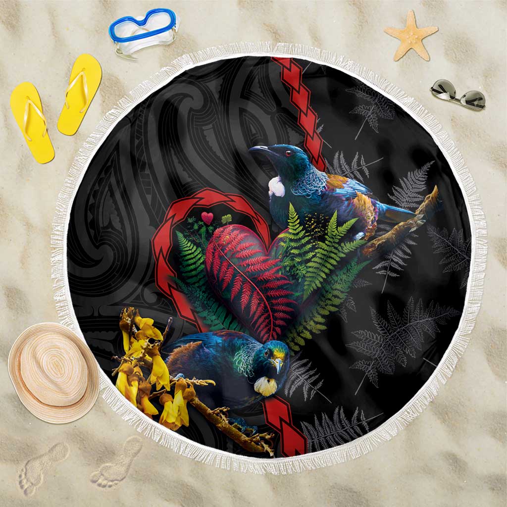 New Zealand Tui Birds Love Couple Beach Blanket The Heart of Silver Fern Leaves and Maori Tattoo Pattern