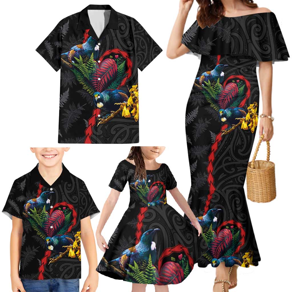 New Zealand Tui Birds Love Couple Family Matching Mermaid Dress and Hawaiian Shirt The Heart of Silver Fern Leaves and Maori Tattoo Pattern