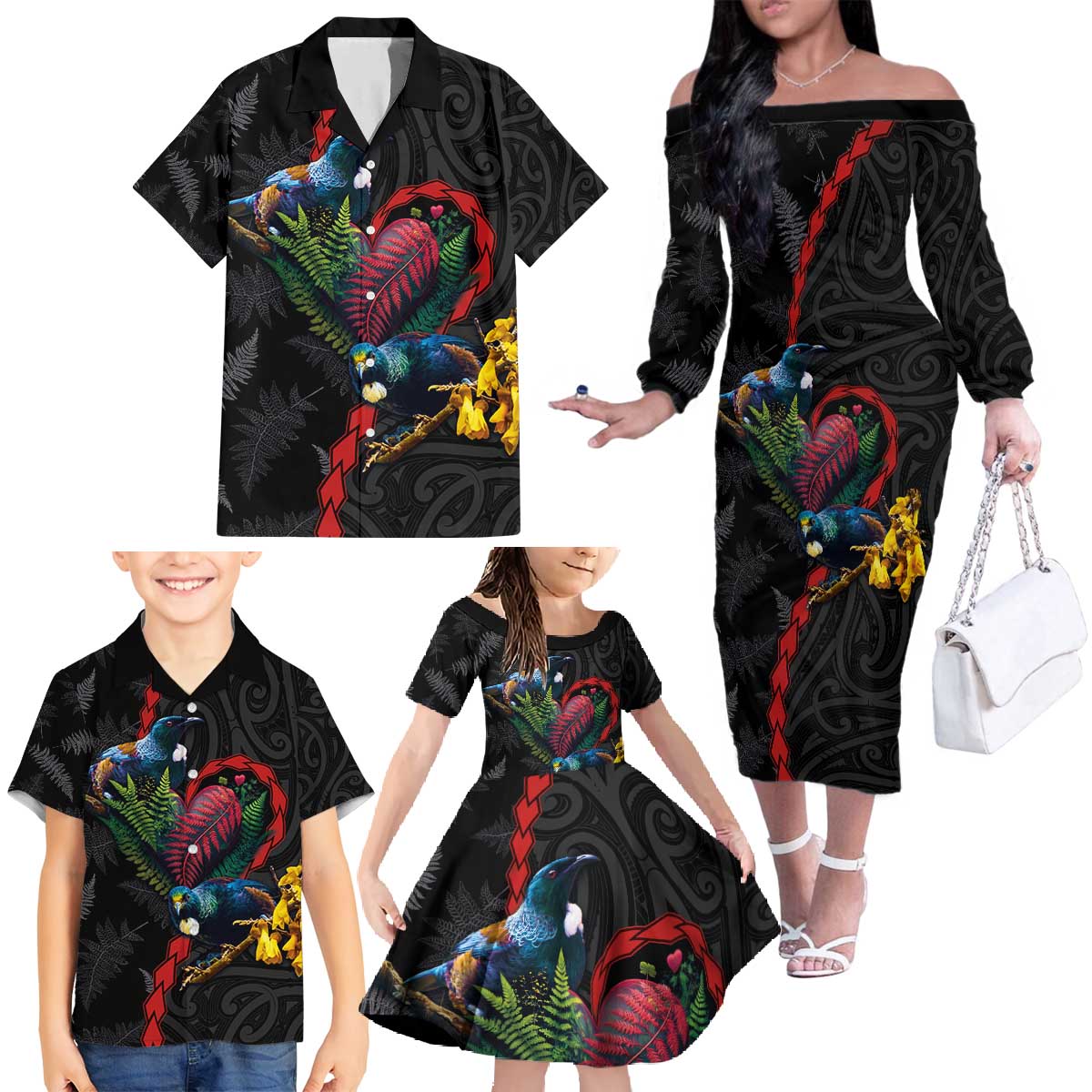 New Zealand Tui Birds Love Couple Family Matching Off The Shoulder Long Sleeve Dress and Hawaiian Shirt The Heart of Silver Fern Leaves and Maori Tattoo Pattern