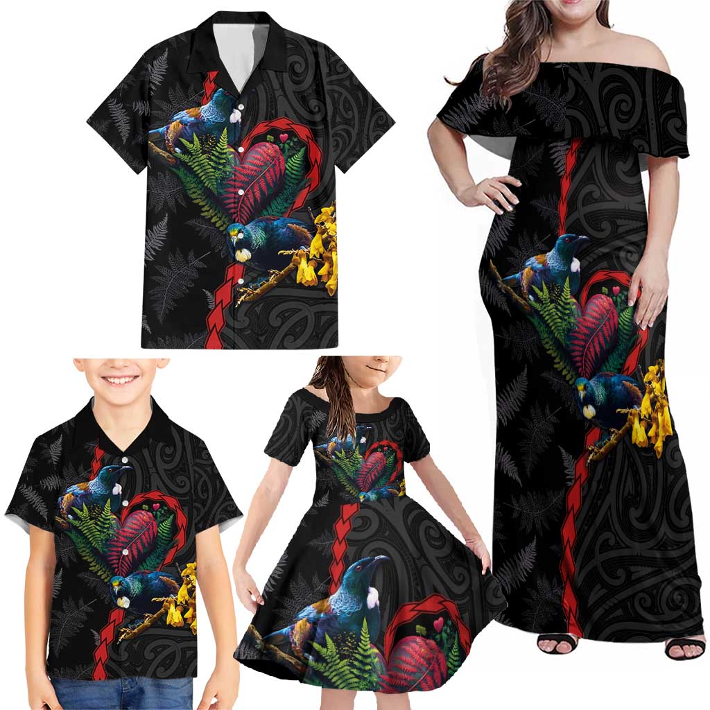 New Zealand Tui Birds Love Couple Family Matching Off Shoulder Maxi Dress and Hawaiian Shirt The Heart of Silver Fern Leaves and Maori Tattoo Pattern