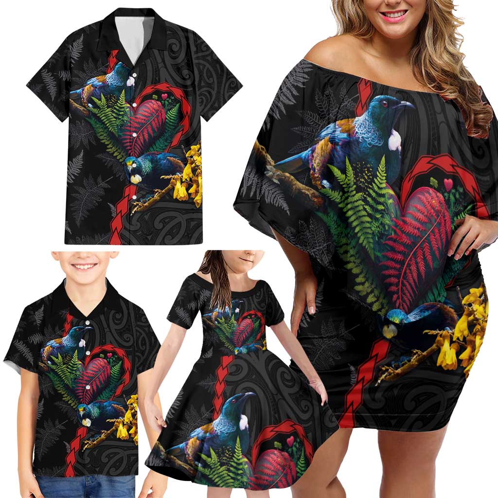 New Zealand Tui Birds Love Couple Family Matching Off Shoulder Short Dress and Hawaiian Shirt The Heart of Silver Fern Leaves and Maori Tattoo Pattern