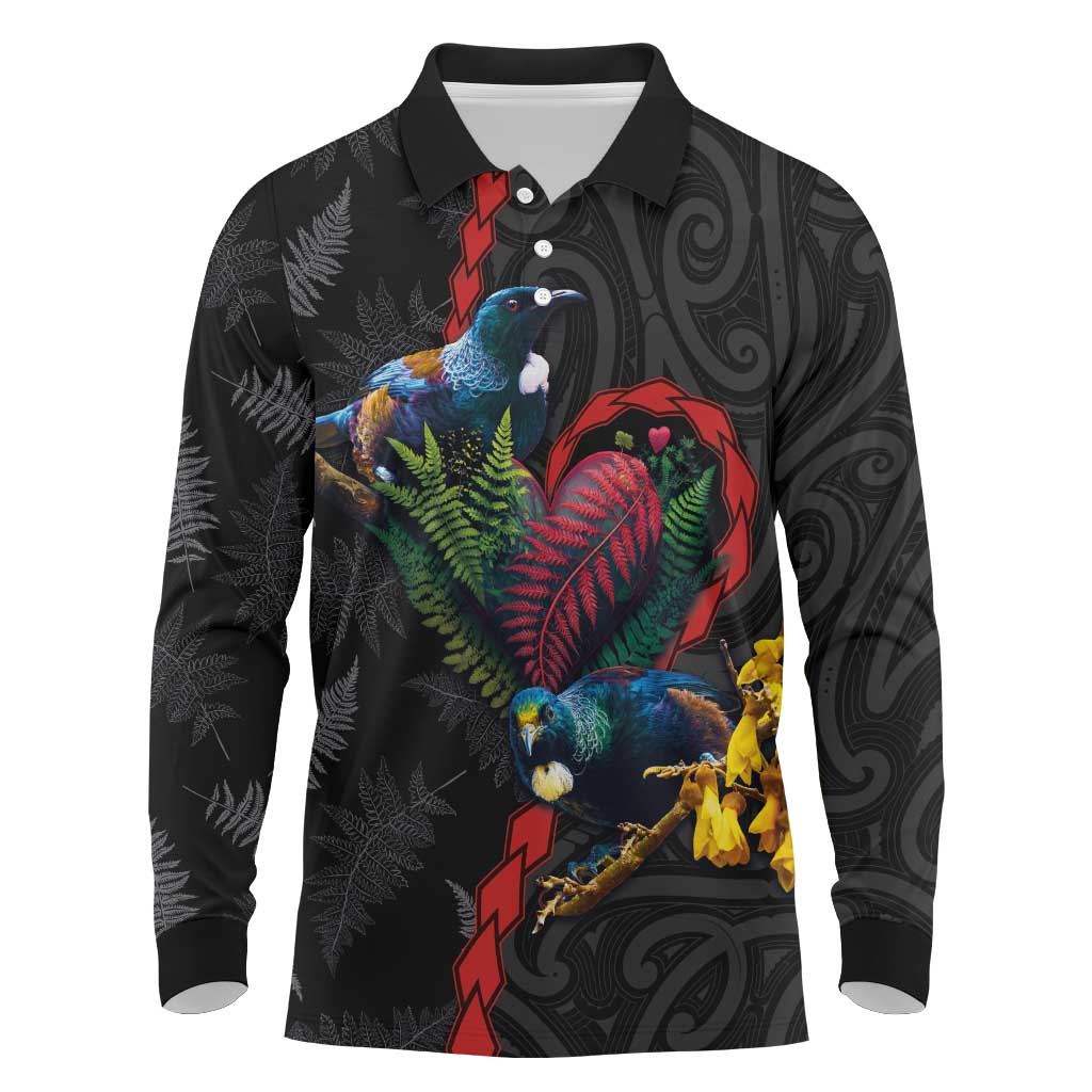 New Zealand Tui Birds Love Couple Long Sleeve Polo Shirt The Heart of Silver Fern Leaves and Maori Tattoo Pattern