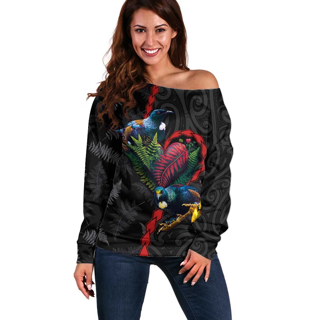 New Zealand Tui Birds Love Couple Off Shoulder Sweater The Heart of Silver Fern Leaves and Maori Tattoo Pattern LT03 Women Black - Polynesian Pride