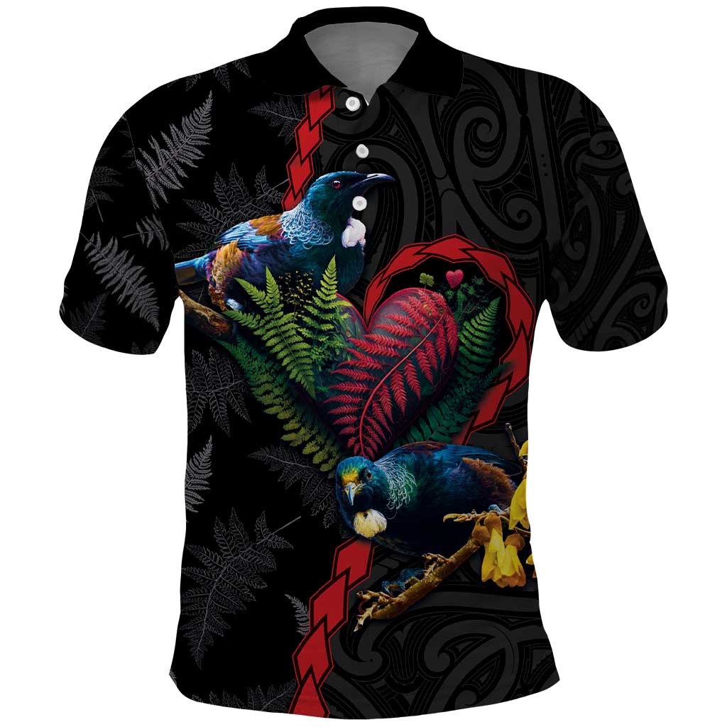 New Zealand Tui Birds Love Couple Polo Shirt The Heart of Silver Fern Leaves and Maori Tattoo Pattern