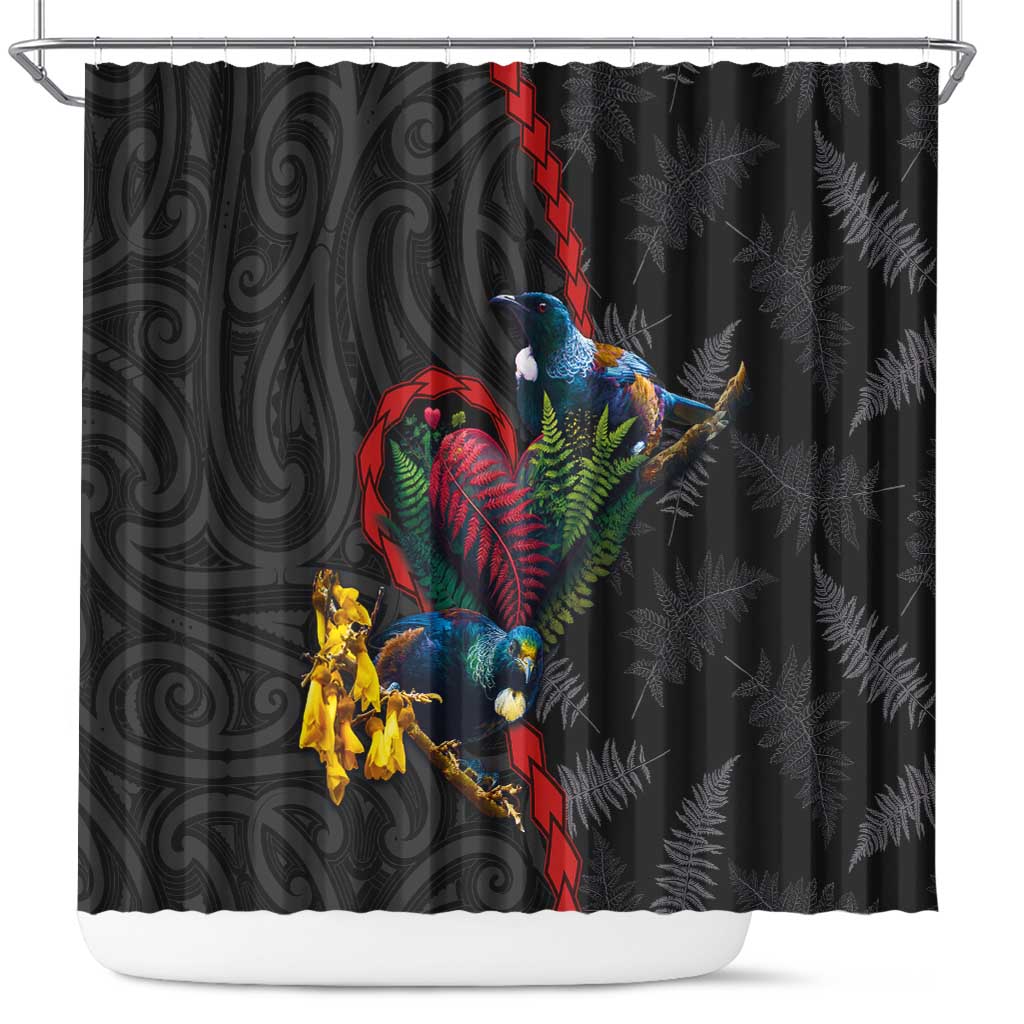 New Zealand Tui Birds Love Couple Shower Curtain The Heart of Silver Fern Leaves and Maori Tattoo Pattern