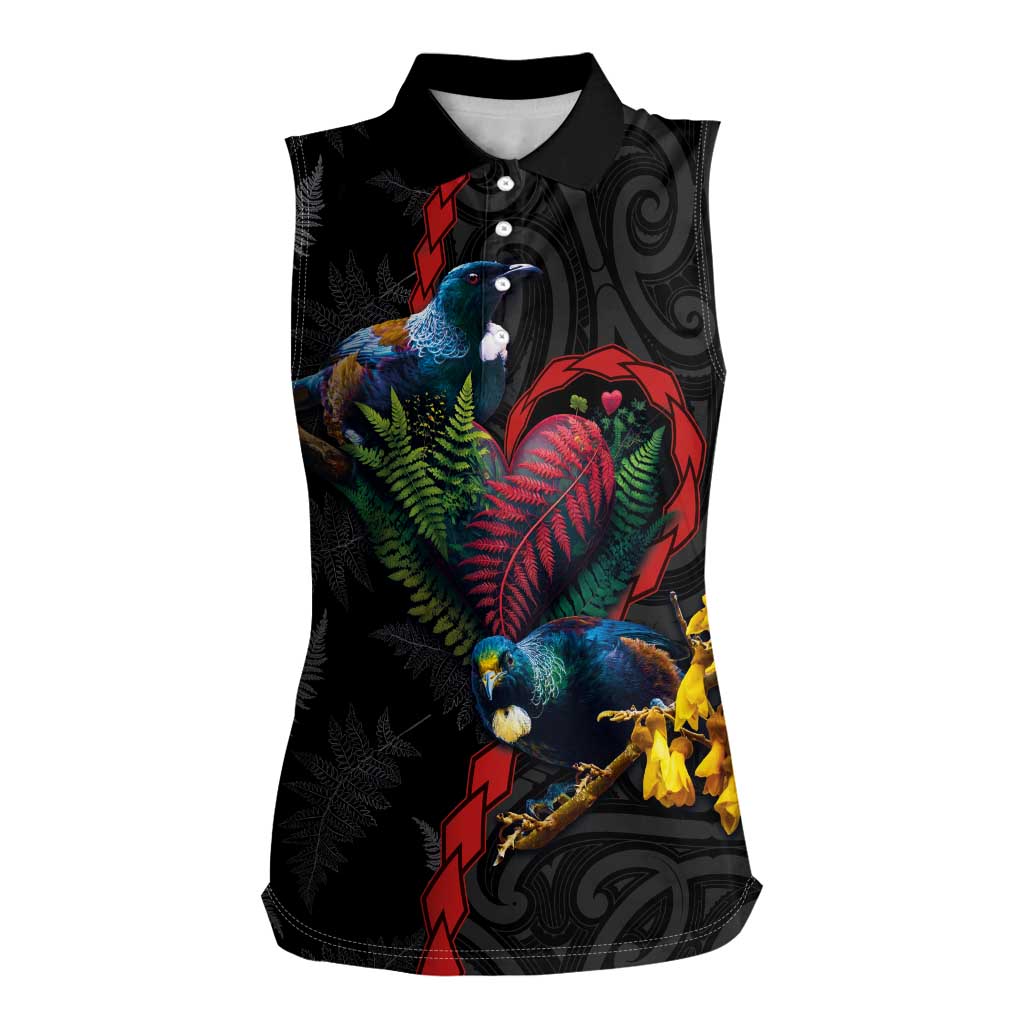 New Zealand Tui Birds Love Couple Women Sleeveless Polo Shirt The Heart of Silver Fern Leaves and Maori Tattoo Pattern