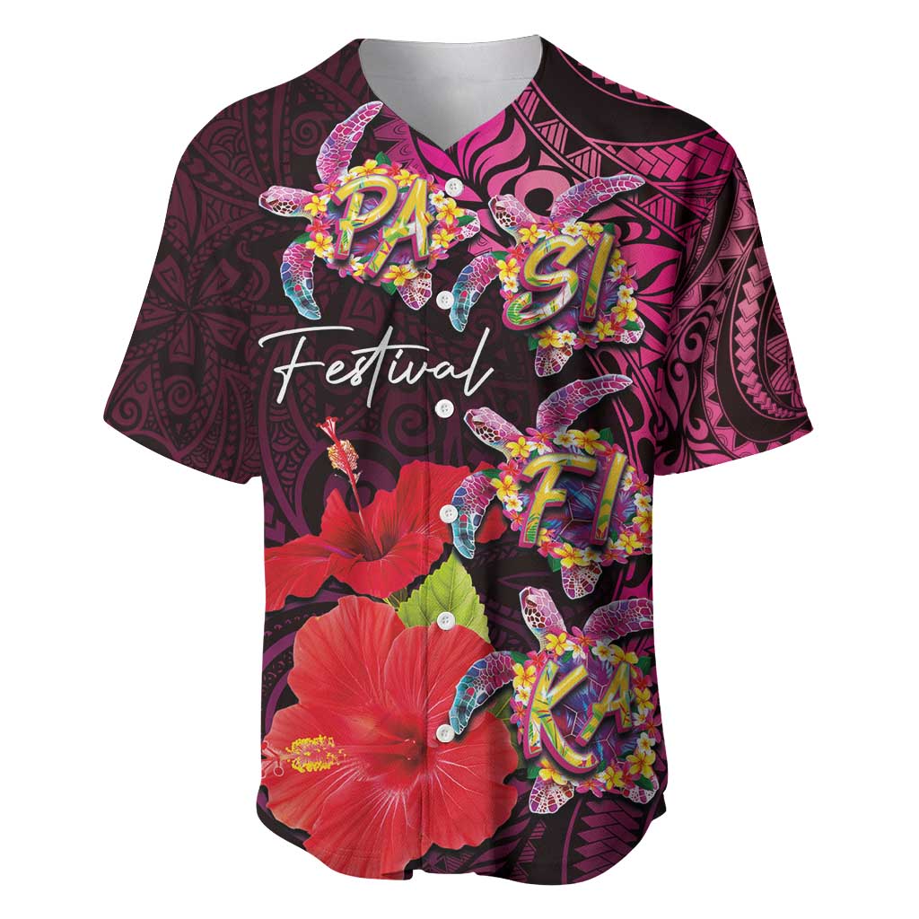 Pasifika Festival Baseball Jersey Plumeria Turtles with Hibiscus - Polynesian Art Tattoo Pink Color