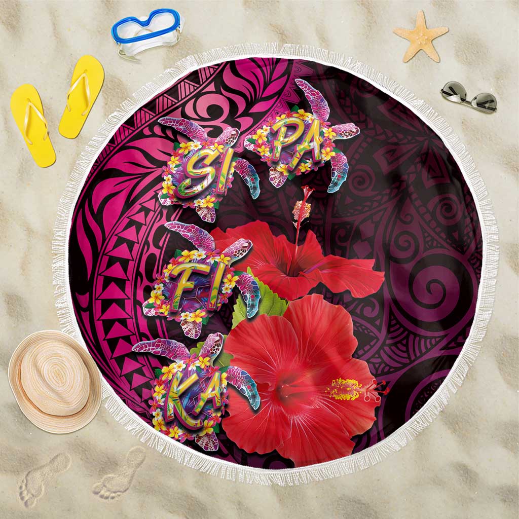 Pasifika Festival Beach Blanket Plumeria Turtles with Hibiscus - Polynesian Art Tattoo Pink Color