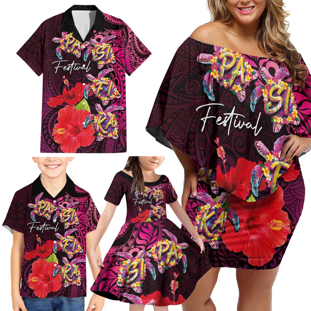 Pasifika Festival Family Matching Off Shoulder Short Dress and Hawaiian Shirt Plumeria Turtles with Hibiscus - Polynesian Art Tattoo Pink Color