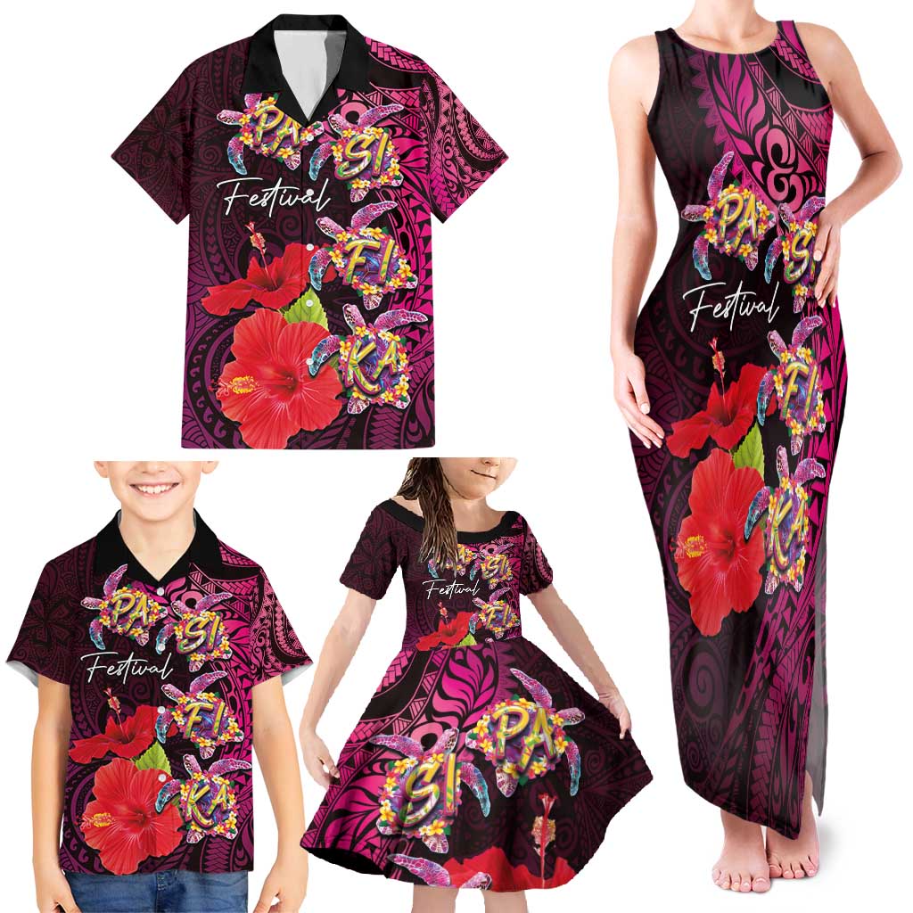 Pasifika Festival Family Matching Tank Maxi Dress and Hawaiian Shirt Plumeria Turtles with Hibiscus - Polynesian Art Tattoo Pink Color