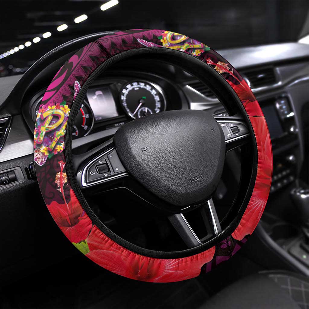 Pasifika Festival Steering Wheel Cover Plumeria Turtles with Hibiscus - Polynesian Art Tattoo Pink Color