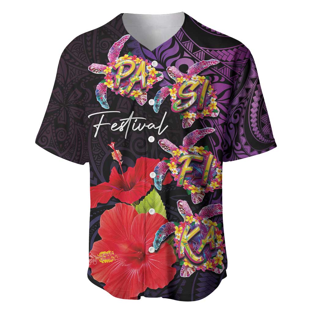 Pasifika Festival Baseball Jersey Plumeria Turtles with Hibiscus - Polynesian Art Tattoo Purple Color