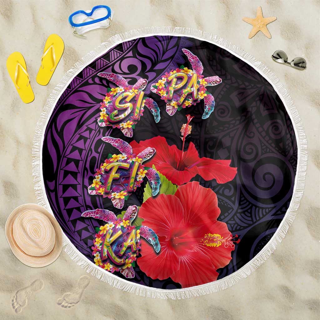 Pasifika Festival Beach Blanket Plumeria Turtles with Hibiscus - Polynesian Art Tattoo Purple Color