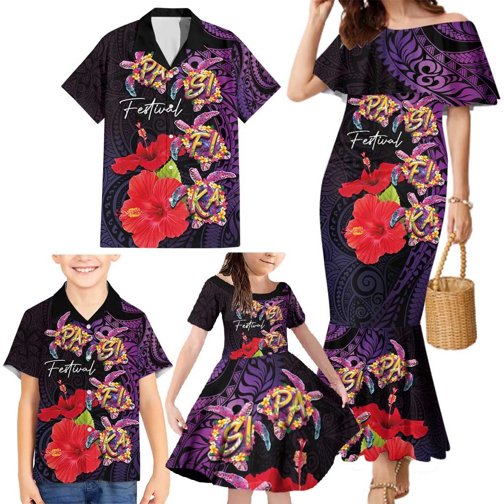 Pasifika Festival Family Matching Mermaid Dress and Hawaiian Shirt Plumeria Turtles with Hibiscus - Polynesian Art Tattoo Purple Color