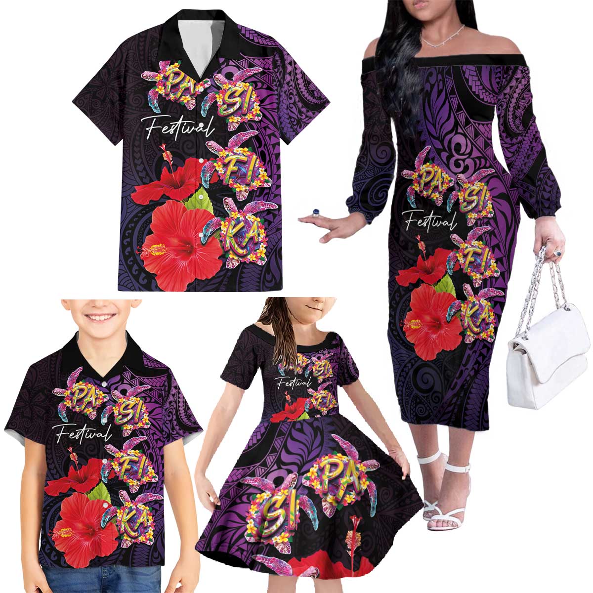 Pasifika Festival Family Matching Off The Shoulder Long Sleeve Dress and Hawaiian Shirt Plumeria Turtles with Hibiscus - Polynesian Art Tattoo Purple Color