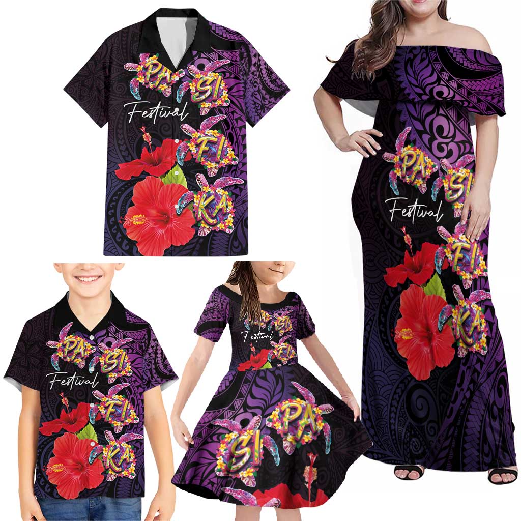 Pasifika Festival Family Matching Off Shoulder Maxi Dress and Hawaiian Shirt Plumeria Turtles with Hibiscus - Polynesian Art Tattoo Purple Color