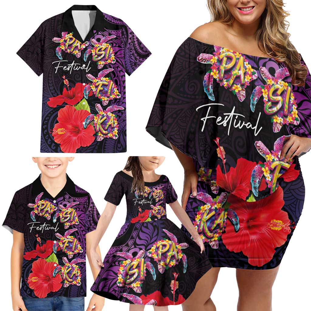 Pasifika Festival Family Matching Off Shoulder Short Dress and Hawaiian Shirt Plumeria Turtles with Hibiscus - Polynesian Art Tattoo Purple Color