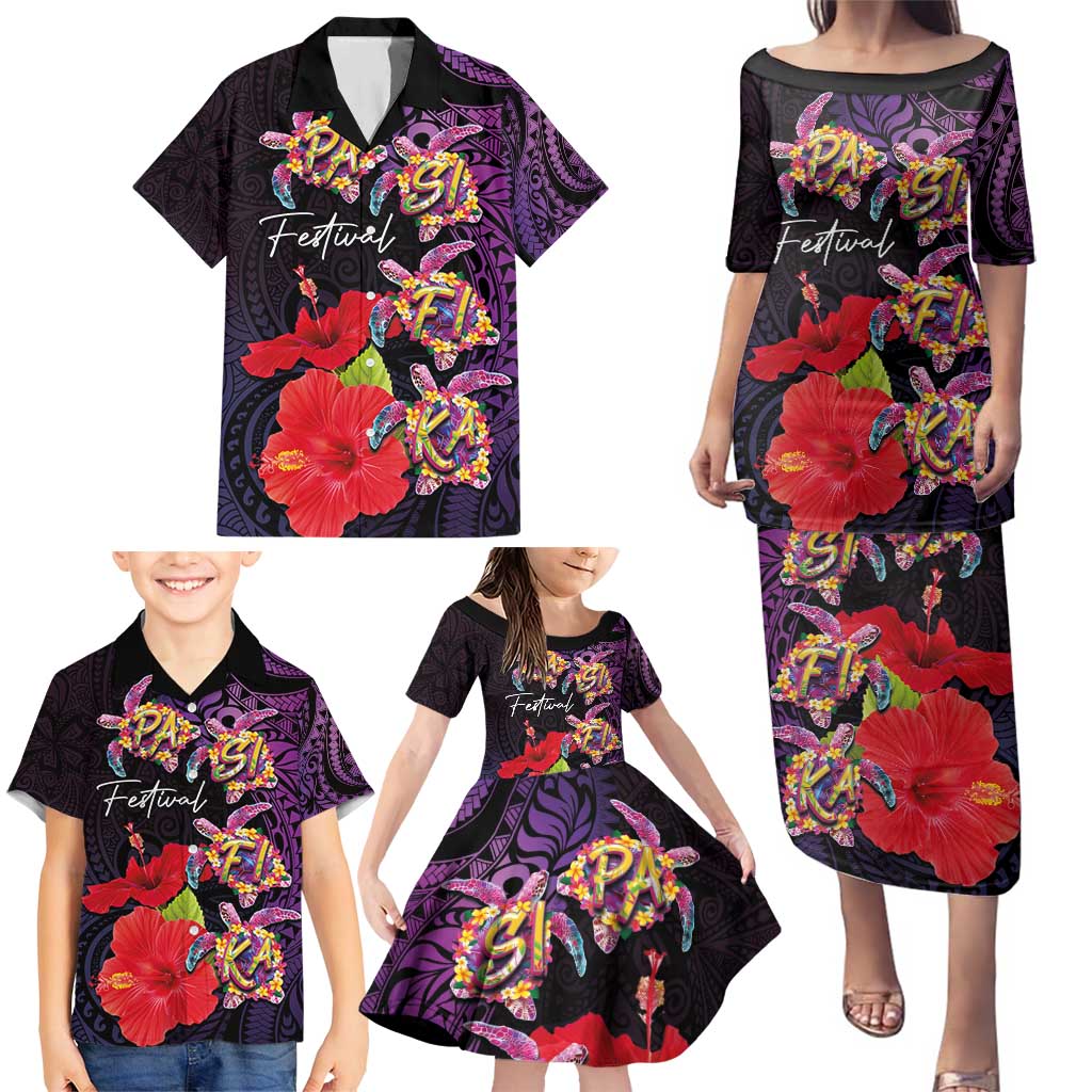 Pasifika Festival Family Matching Puletasi and Hawaiian Shirt Plumeria Turtles with Hibiscus - Polynesian Art Tattoo Purple Color