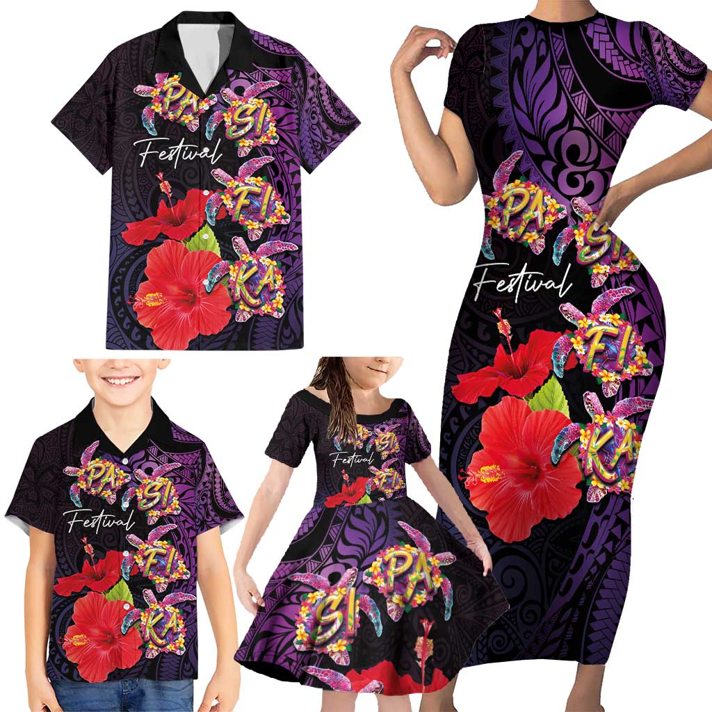 Pasifika Festival Family Matching Short Sleeve Bodycon Dress and Hawaiian Shirt Plumeria Turtles with Hibiscus - Polynesian Art Tattoo Purple Color