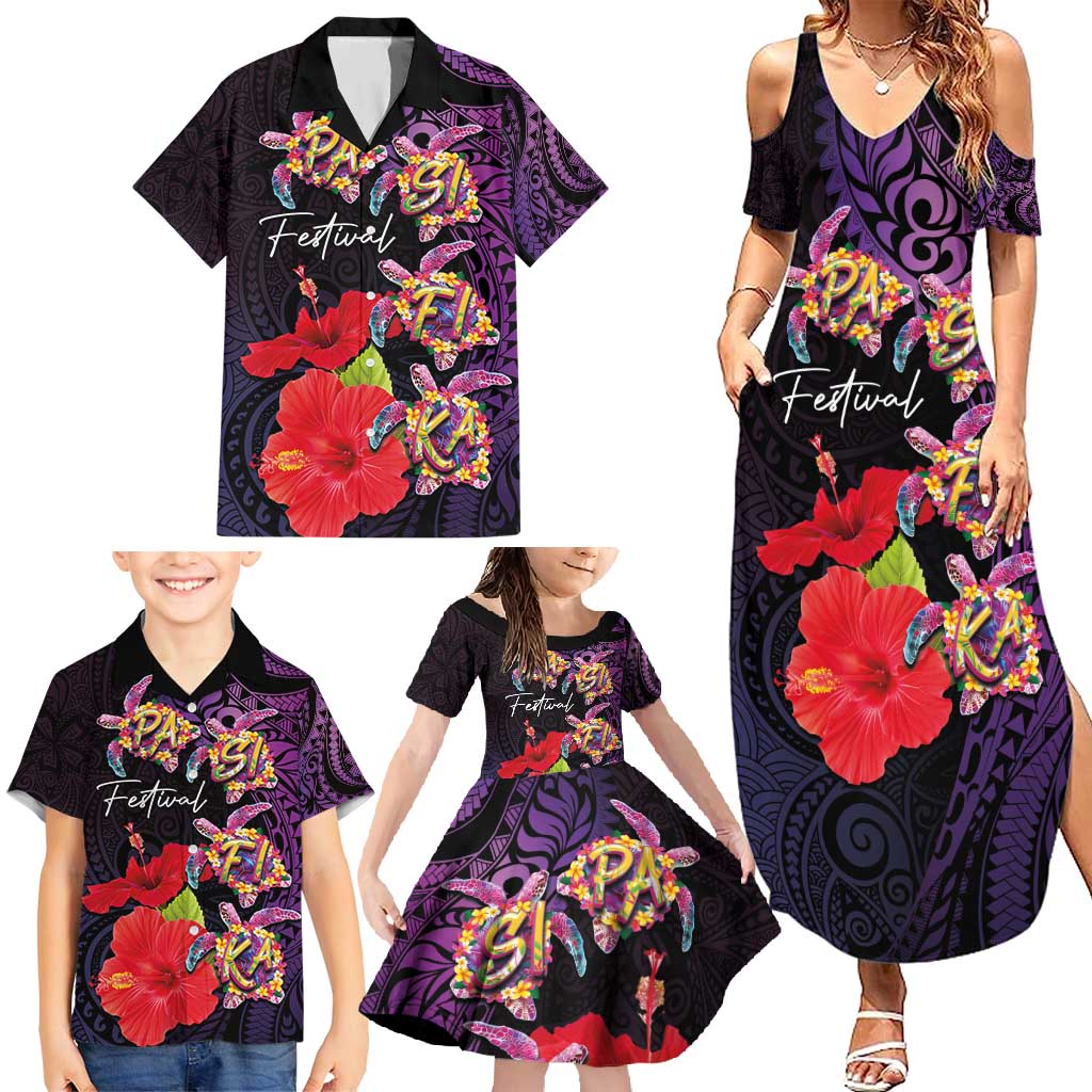 Pasifika Festival Family Matching Summer Maxi Dress and Hawaiian Shirt Plumeria Turtles with Hibiscus - Polynesian Art Tattoo Purple Color