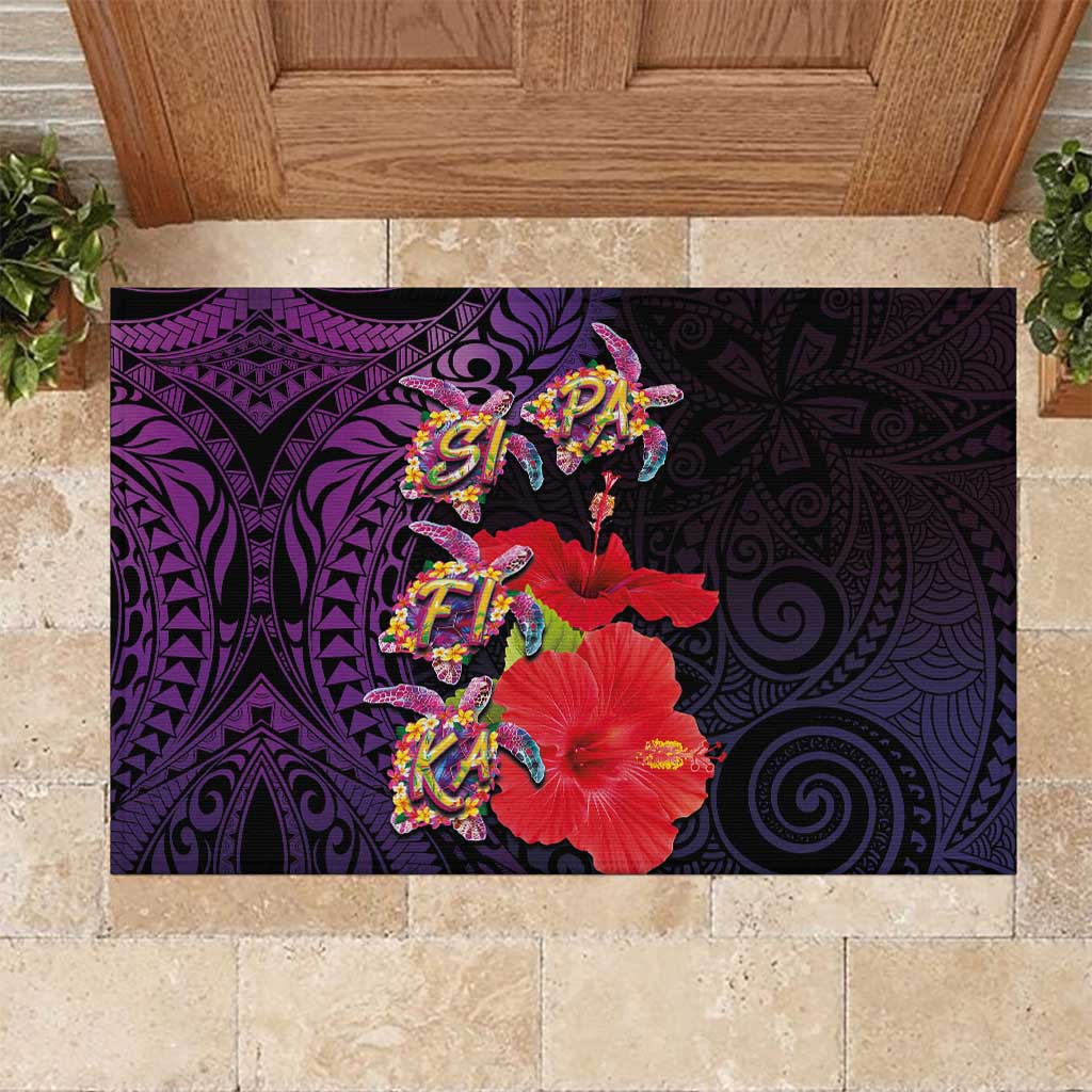 Pasifika Festival Rubber Doormat Plumeria Turtles with Hibiscus - Polynesian Art Tattoo Purple Color LT03 Purple - Polynesian Pride