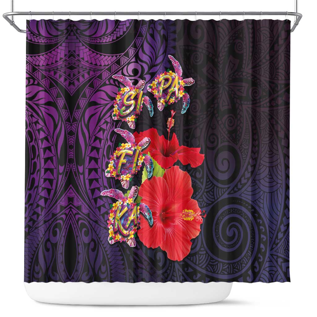 Pasifika Festival Shower Curtain Plumeria Turtles with Hibiscus - Polynesian Art Tattoo Purple Color