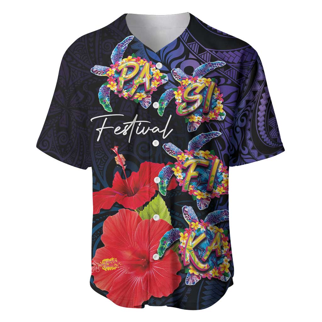 Pasifika Festival Baseball Jersey Plumeria Turtles with Hibiscus - Polynesian Art Tattoo Dark Navy Color