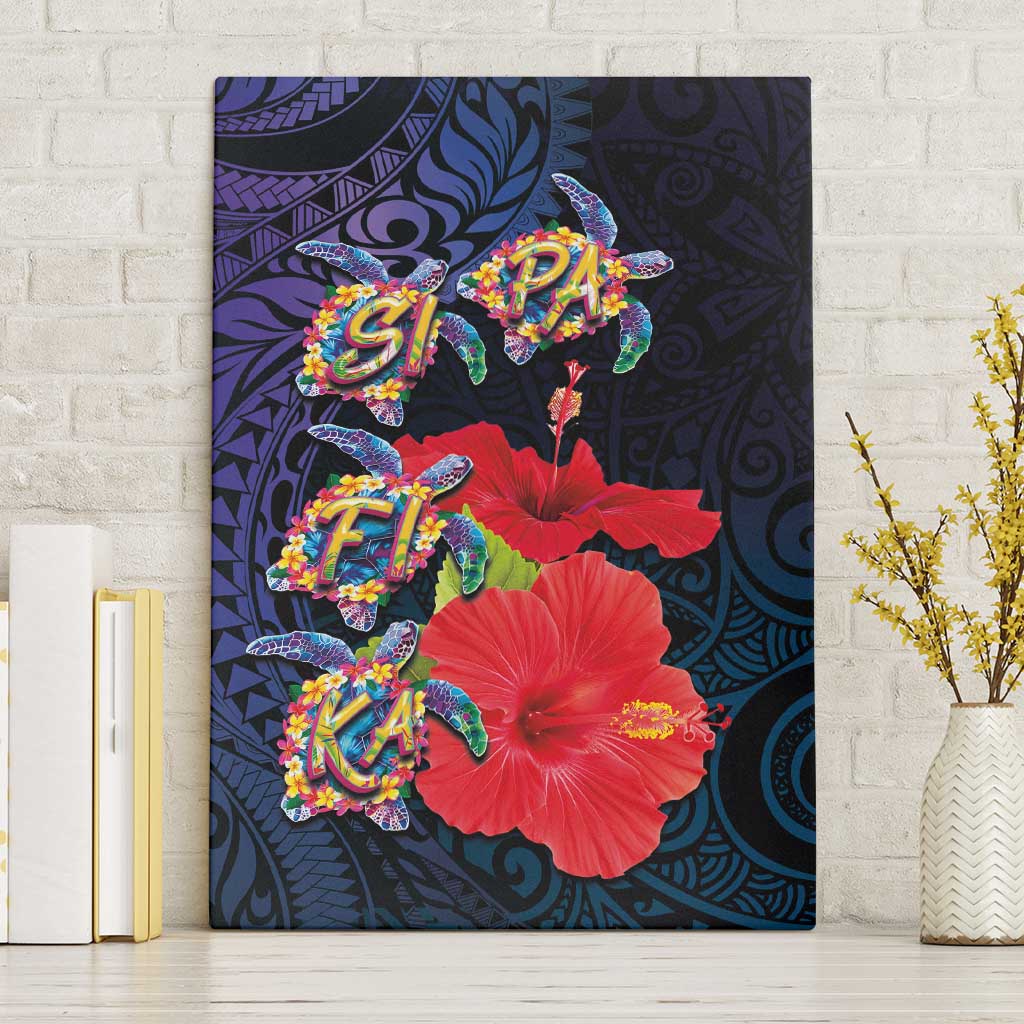 Pasifika Festival Canvas Wall Art Plumeria Turtles with Hibiscus - Polynesian Art Tattoo Dark Navy Color