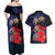 Pasifika Festival Couples Matching Off Shoulder Maxi Dress and Hawaiian Shirt Plumeria Turtles with Hibiscus - Polynesian Art Tattoo Dark Navy Color