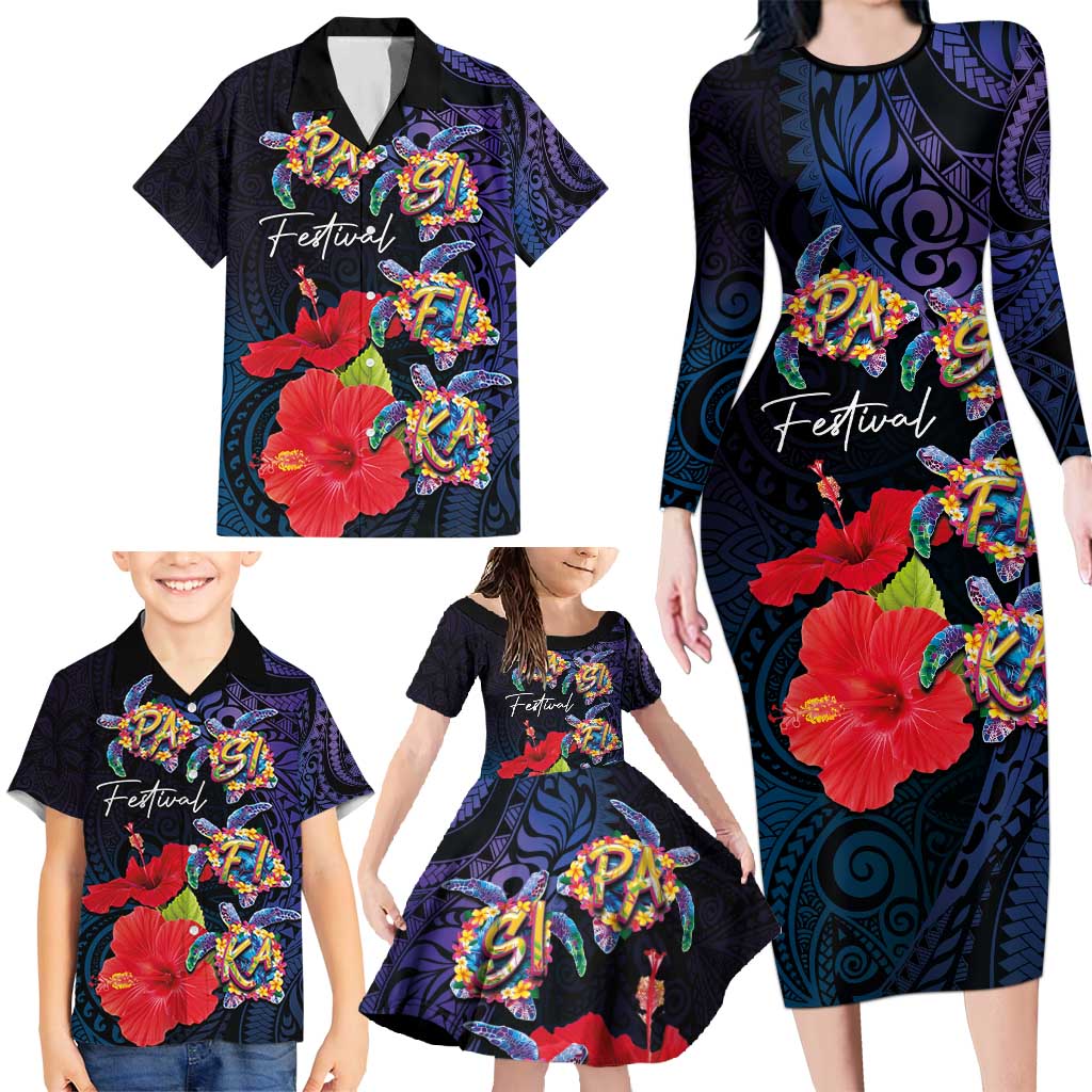 Pasifika Festival Family Matching Long Sleeve Bodycon Dress and Hawaiian Shirt Plumeria Turtles with Hibiscus - Polynesian Art Tattoo Dark Navy Color