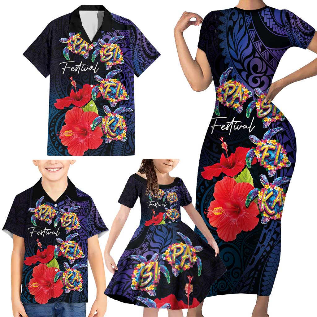 Pasifika Festival Family Matching Short Sleeve Bodycon Dress and Hawaiian Shirt Plumeria Turtles with Hibiscus - Polynesian Art Tattoo Dark Navy Color