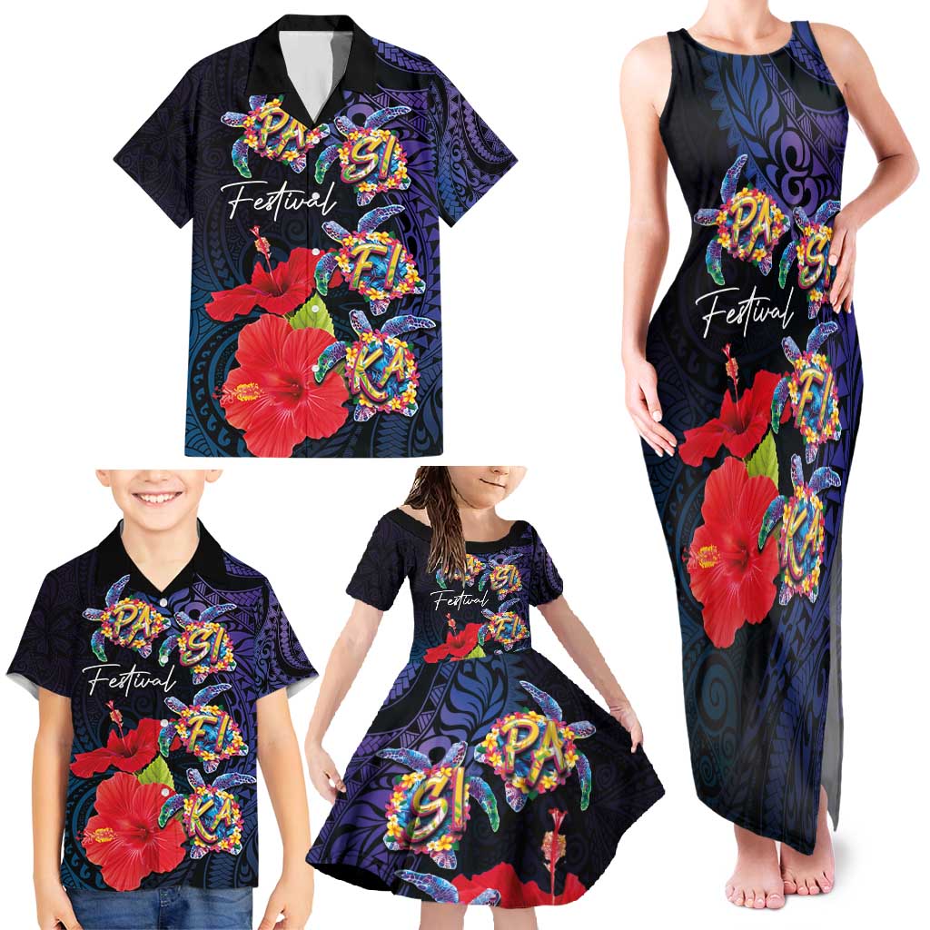 Pasifika Festival Family Matching Tank Maxi Dress and Hawaiian Shirt Plumeria Turtles with Hibiscus - Polynesian Art Tattoo Dark Navy Color