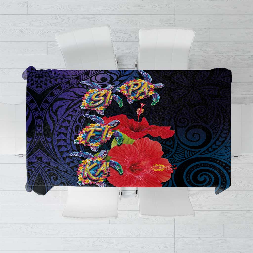 Pasifika Festival Tablecloth Plumeria Turtles with Hibiscus - Polynesian Art Tattoo Dark Navy Color