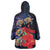 Pasifika Festival Wearable Blanket Hoodie Plumeria Turtles with Hibiscus - Polynesian Art Tattoo Dark Navy Color