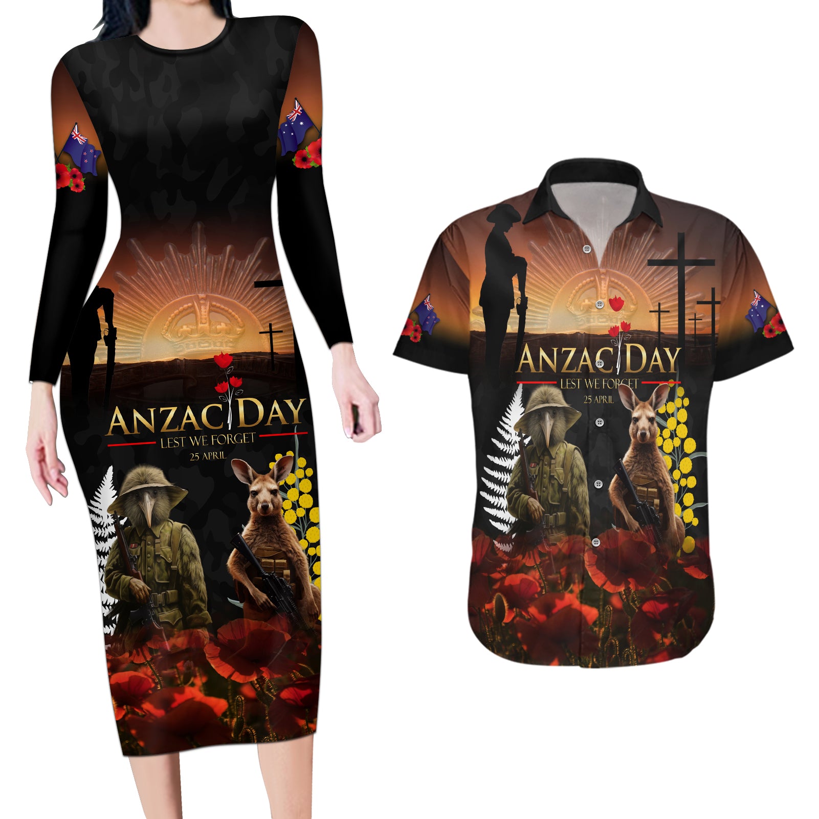 New Zealand and Australia ANZAC Day Couples Matching Long Sleeve Bodycon Dress and Hawaiian Shirt Kiwi Bird and Kangaroo Soldier LT03 Black - Polynesian Pride