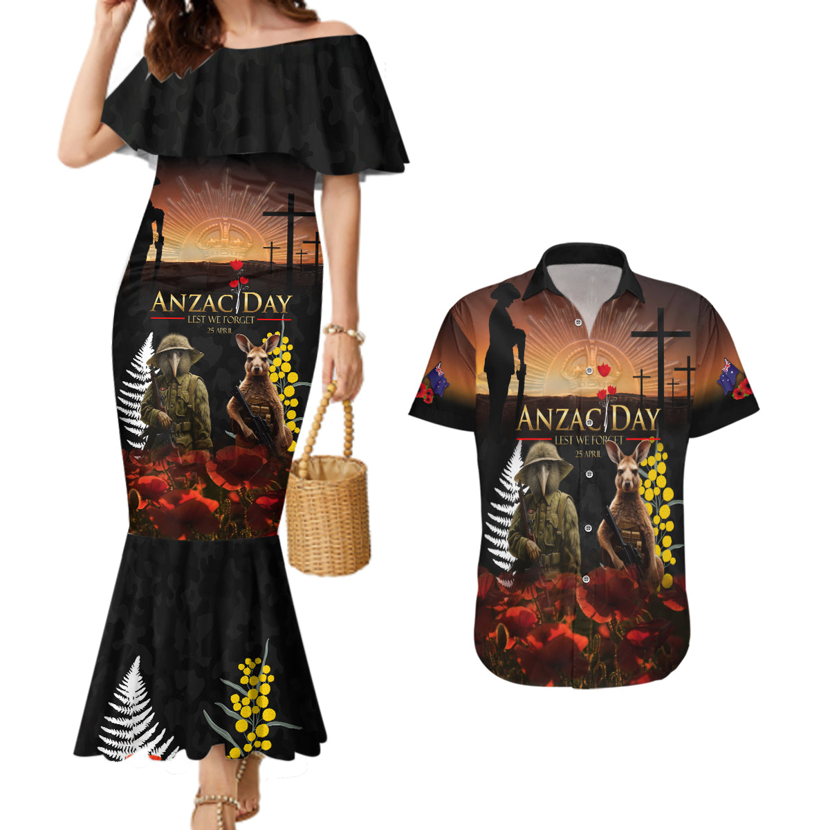 New Zealand and Australia ANZAC Day Couples Matching Mermaid Dress and Hawaiian Shirt Kiwi Bird and Kangaroo Soldier LT03 Black - Polynesian Pride