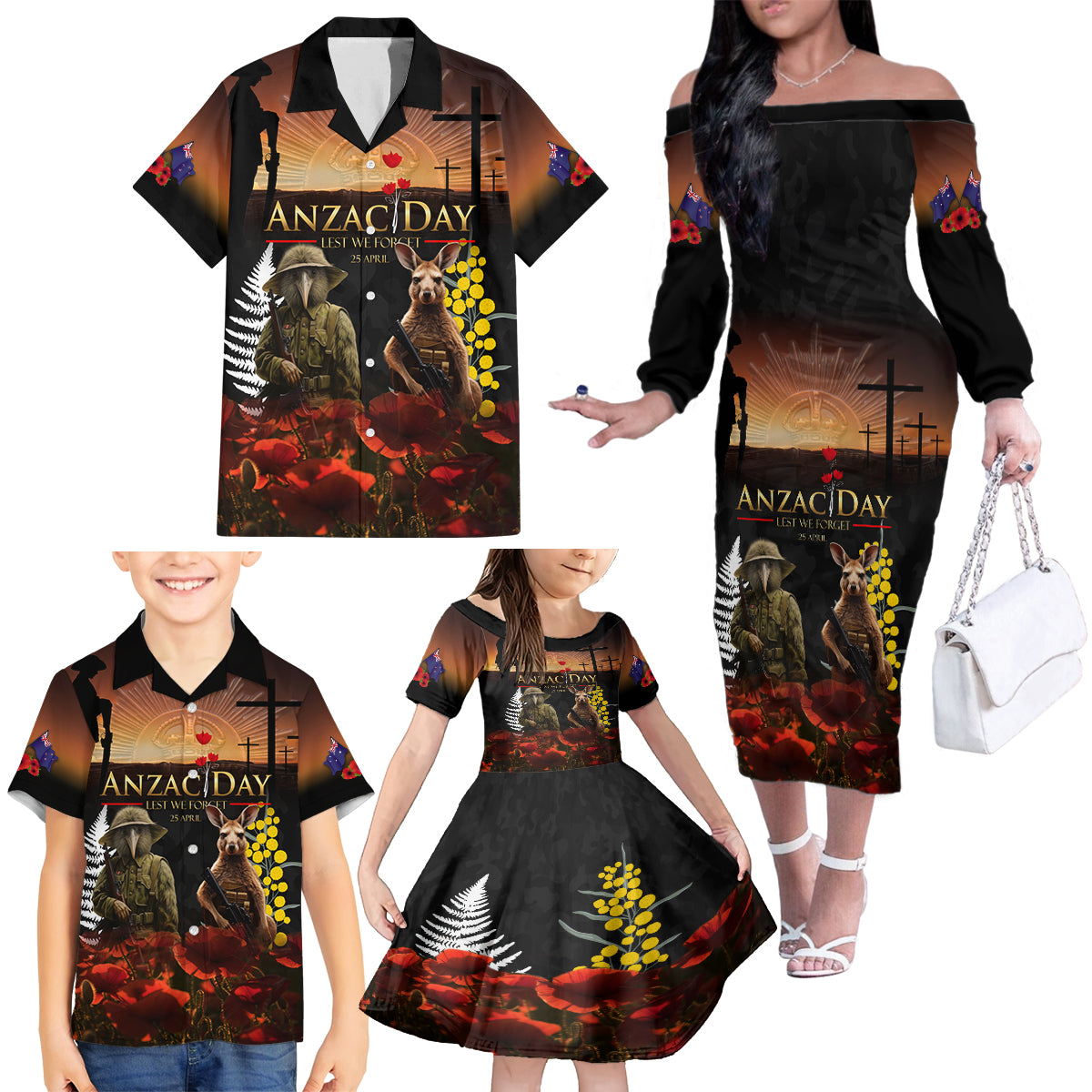 New Zealand and Australia ANZAC Day Family Matching Off Shoulder Long Sleeve Dress and Hawaiian Shirt Kiwi Bird and Kangaroo Soldier LT03 - Polynesian Pride