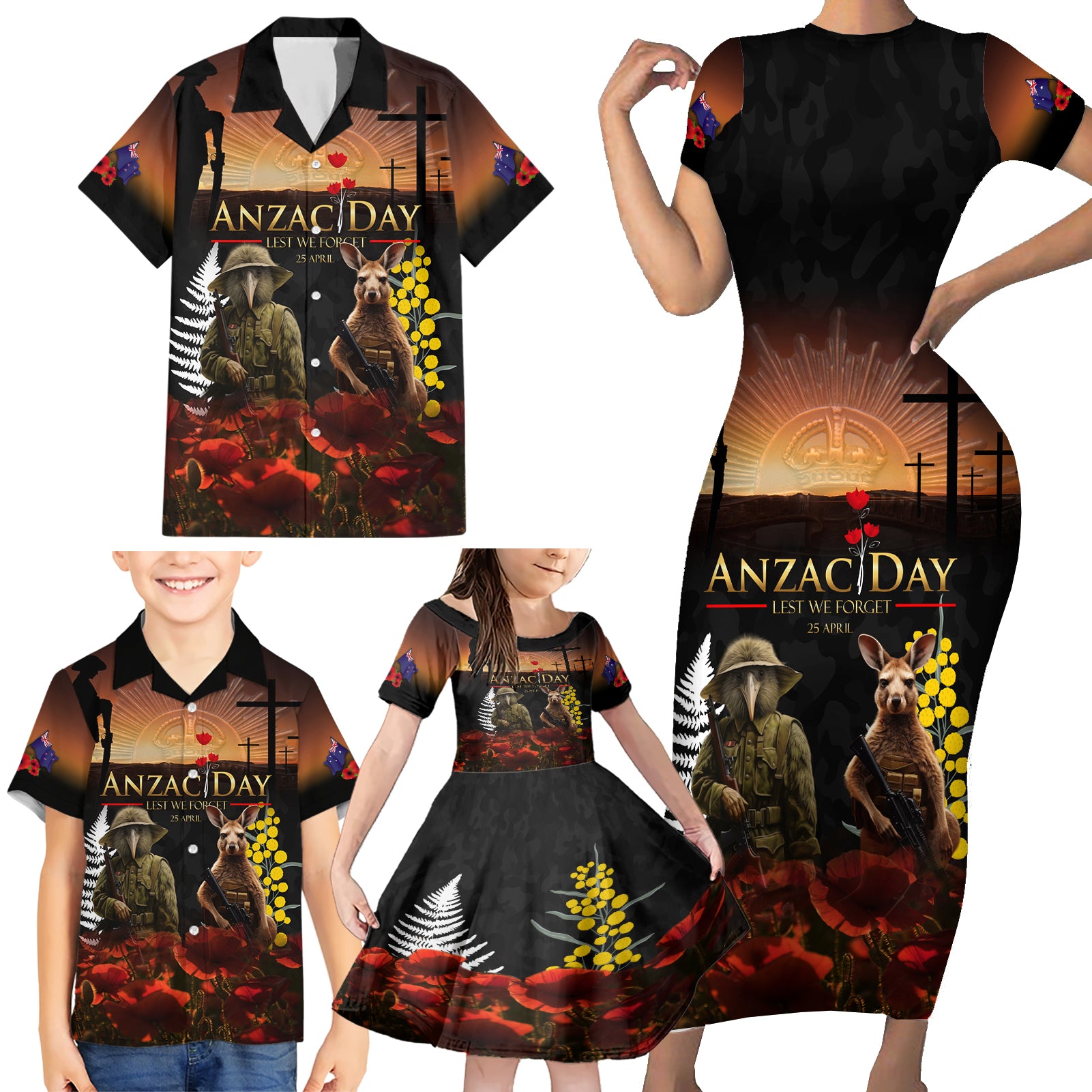 New Zealand and Australia ANZAC Day Family Matching Short Sleeve Bodycon Dress and Hawaiian Shirt Kiwi Bird and Kangaroo Soldier LT03 - Polynesian Pride