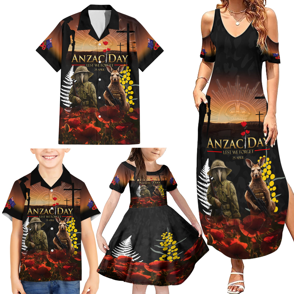 New Zealand and Australia ANZAC Day Family Matching Summer Maxi Dress and Hawaiian Shirt Kiwi Bird and Kangaroo Soldier LT03 - Polynesian Pride