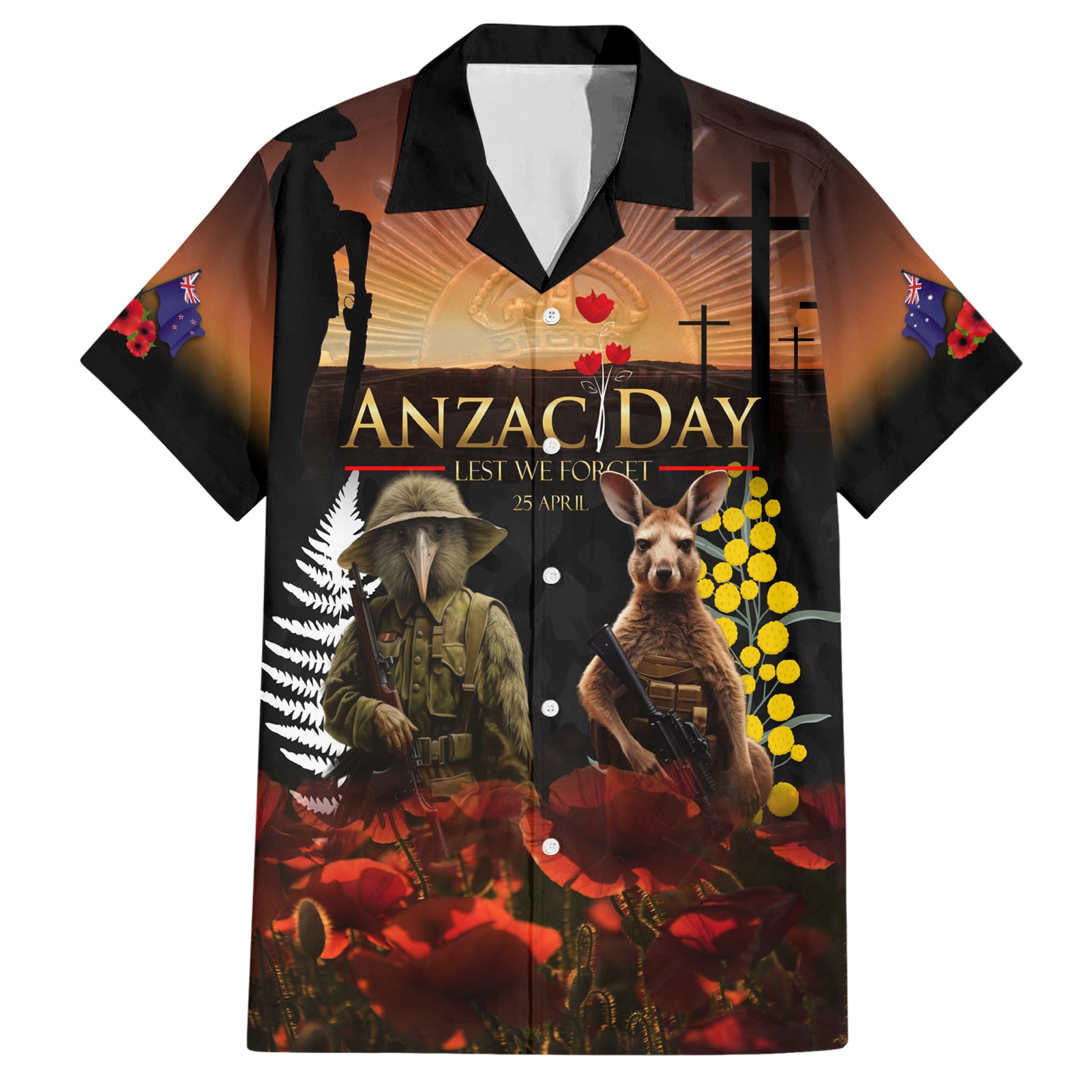 New Zealand and Australia ANZAC Day Hawaiian Shirt Kiwi Bird and Kangaroo Soldier LT03 Black - Polynesian Pride