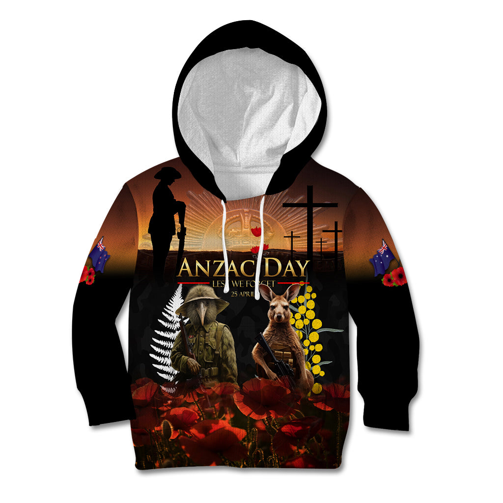 New Zealand and Australia ANZAC Day Kid Hoodie Kiwi Bird and Kangaroo Soldier LT03 Hoodie Black - Polynesian Pride