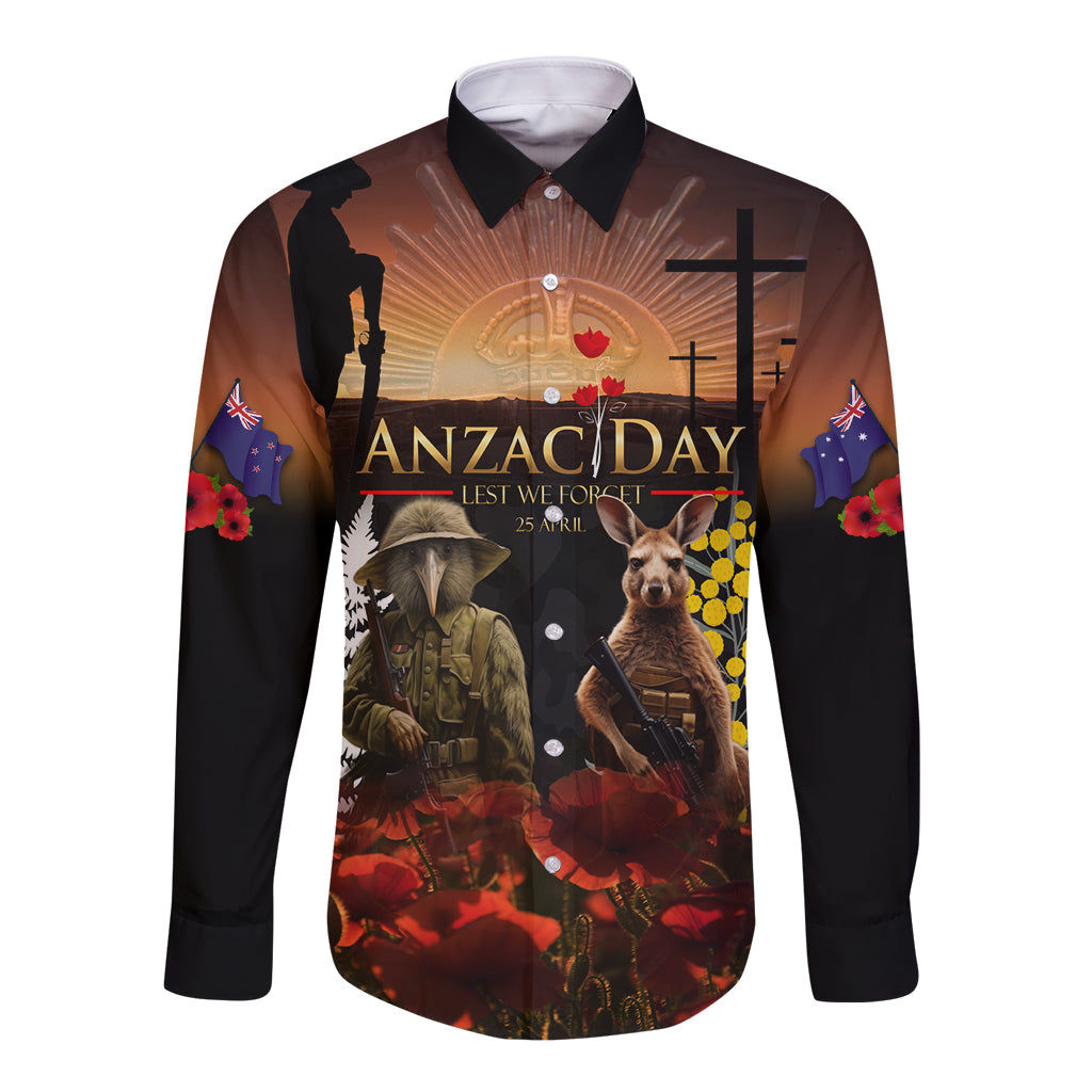 New Zealand and Australia ANZAC Day Long Sleeve Button Shirt Kiwi Bird and Kangaroo Soldier LT03 Unisex Black - Polynesian Pride