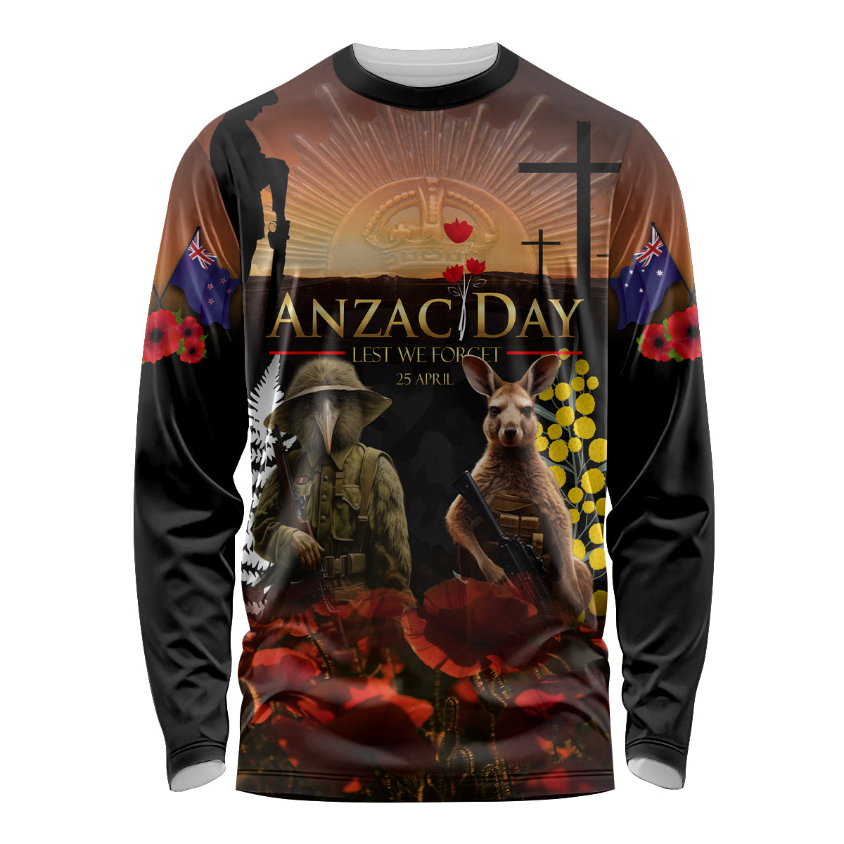 New Zealand and Australia ANZAC Day Long Sleeve Shirt Kiwi Bird and Kangaroo Soldier LT03 Unisex Black - Polynesian Pride