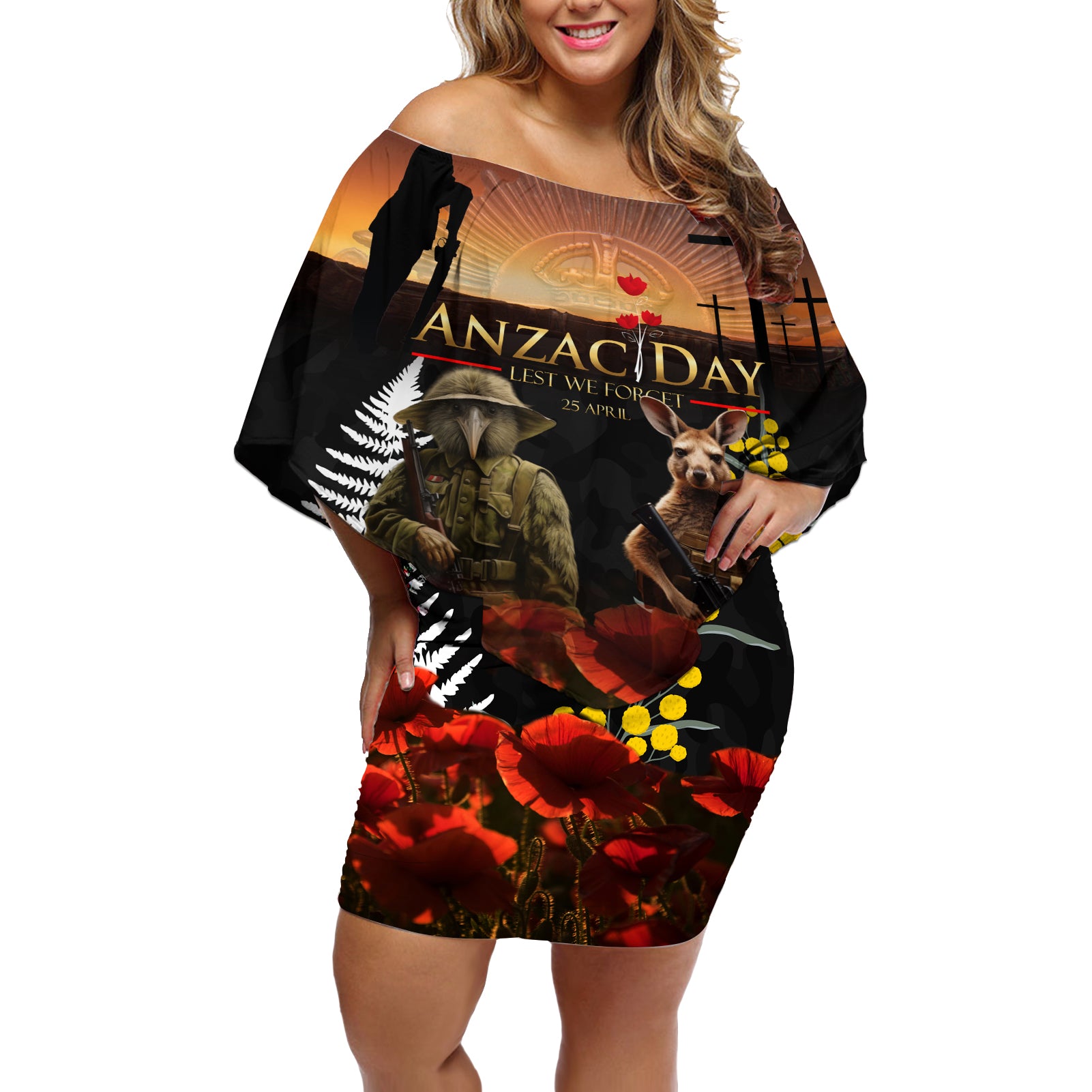 New Zealand and Australia ANZAC Day Off Shoulder Short Dress Kiwi Bird and Kangaroo Soldier LT03 Women Black - Polynesian Pride