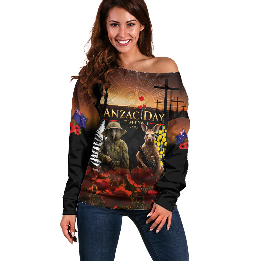 New Zealand and Australia ANZAC Day Off Shoulder Sweater Kiwi Bird and Kangaroo Soldier LT03 Women Black - Polynesian Pride