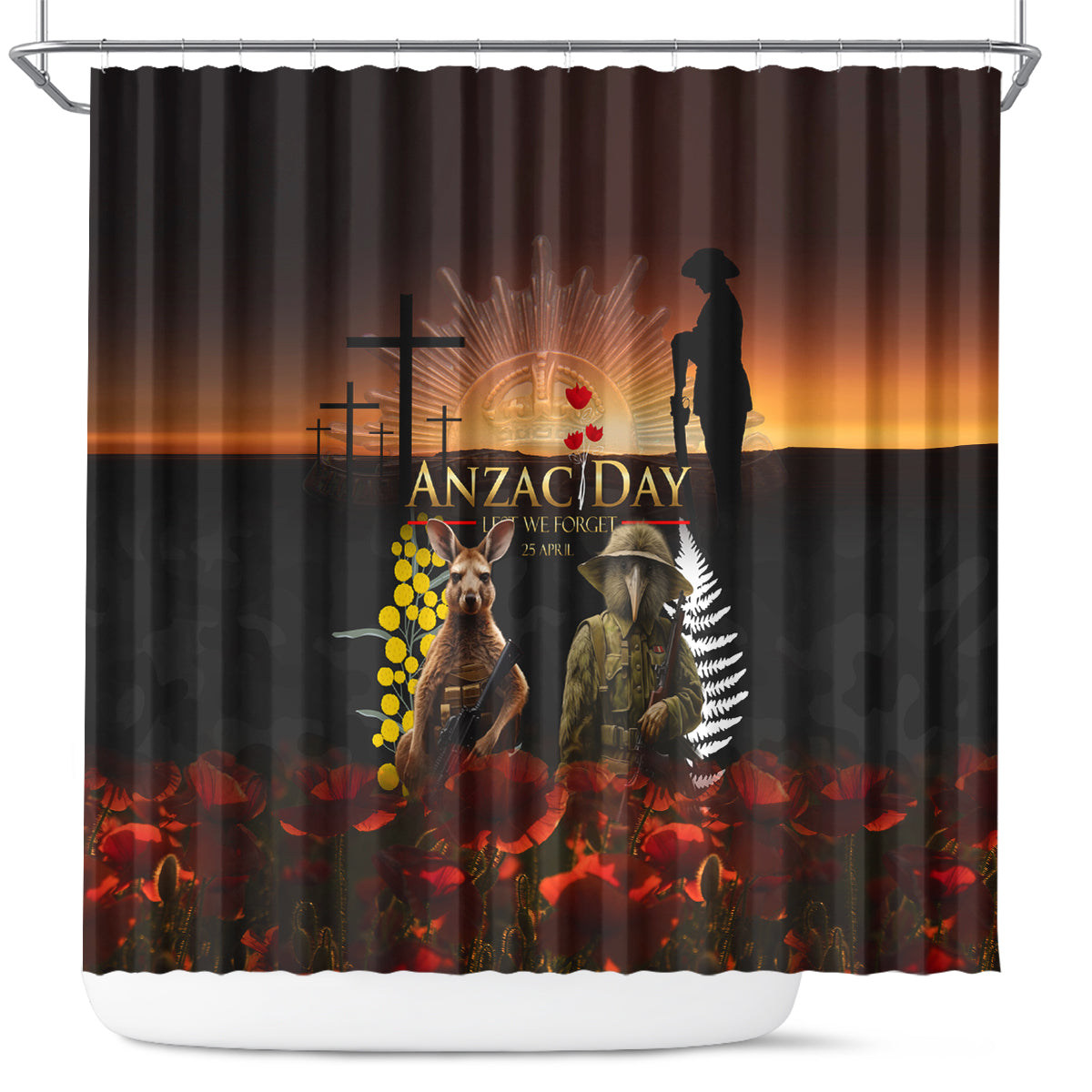 New Zealand and Australia ANZAC Day Shower Curtain Kiwi Bird and Kangaroo Soldier LT03 Black - Polynesian Pride