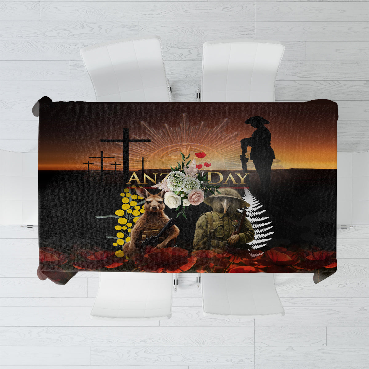 New Zealand and Australia ANZAC Day Tablecloth Kiwi Bird and Kangaroo Soldier LT03 Black - Polynesian Pride