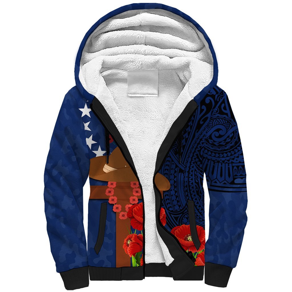 Cook Island ANZAC Day Sherpa Hoodie Soldier Paying Respect We Shall Remember Them LT03 Unisex Blue - Polynesian Pride